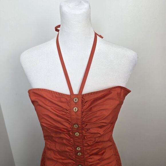 Free People Orange Button Up Scrunch Hold On Halter Mini Dress Size Medium - Picture 4 of 8